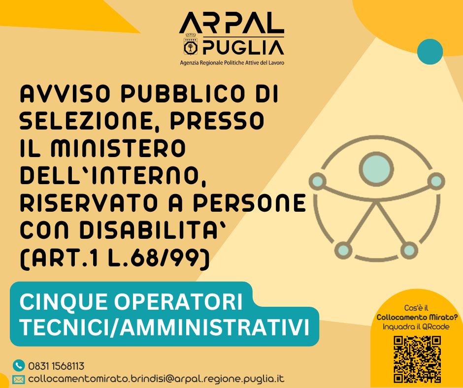 AVVISO PUBBLICO DI SELEZIONE, PRESSO IL MINISTERO DELL’INTERNO, RISERVATO AI DISABILI (L. N.68/99 ART.1)