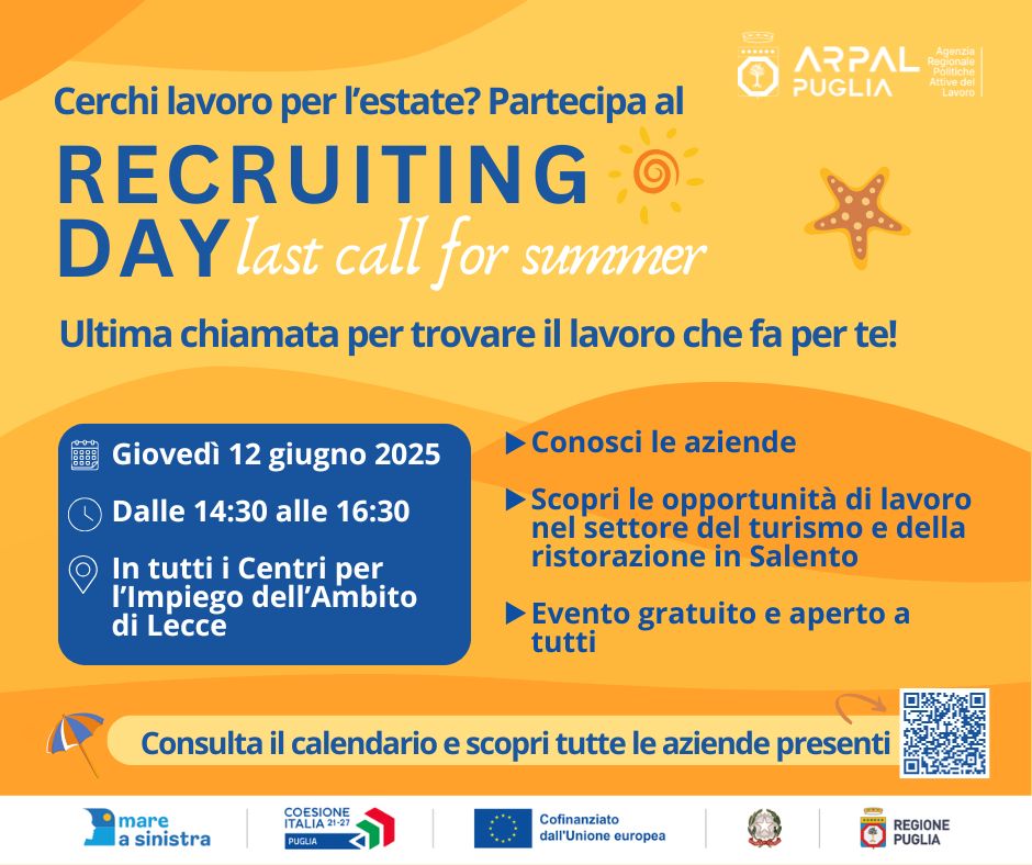 In arrivo il Recruiting Day - Last Call for Summer nell’ambito territoriale Brindisi-Taranto