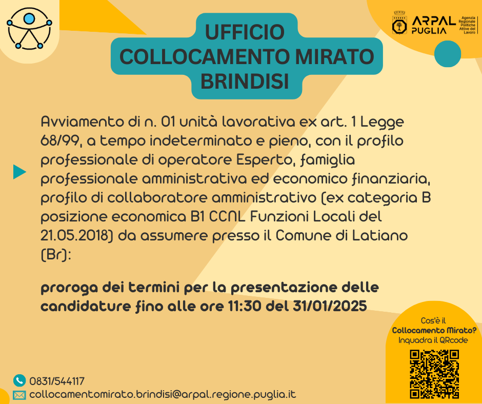 Avviamento a selezione ex art. 1 Legge 68/99 presso il Comune di Latiano (Br) - Riapertura termini