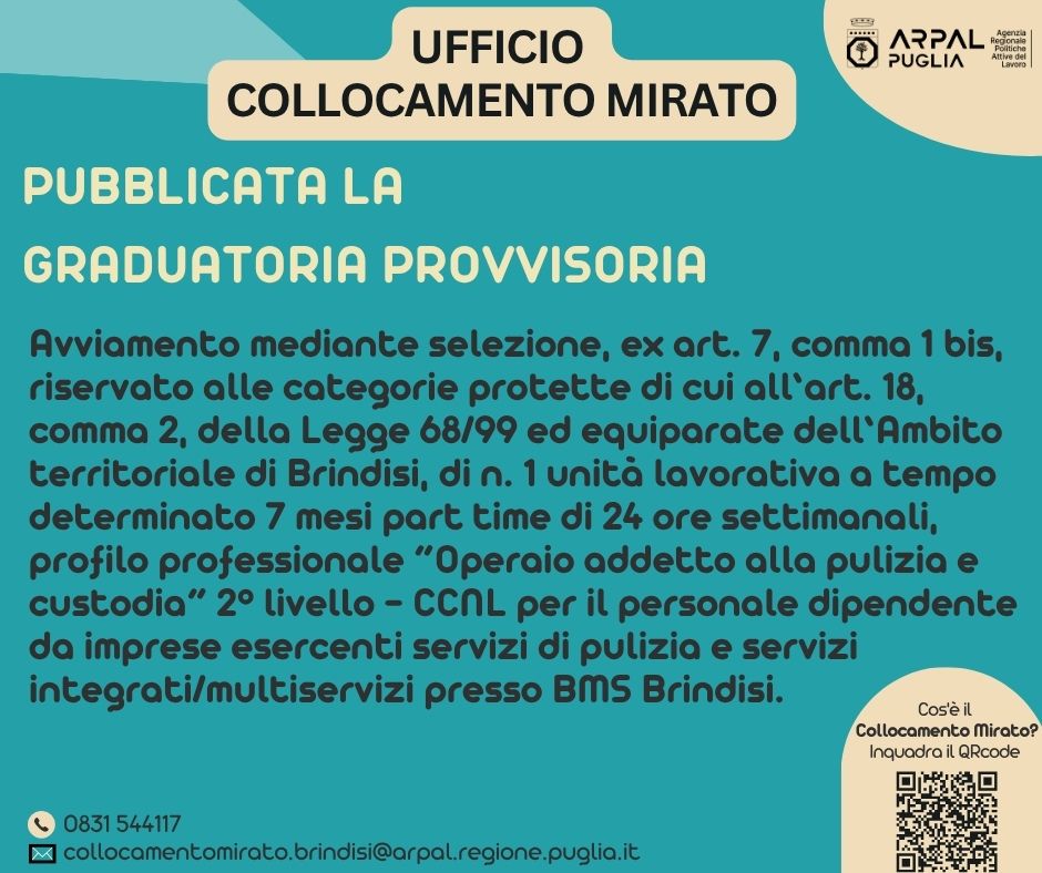 PUBBLICAZIONE GRADUATORIA PROVVISORIA AVVIAMENTO A SELEZIONE EX ART. 18, COMMA 2, PRESSO BMS BRINDISI