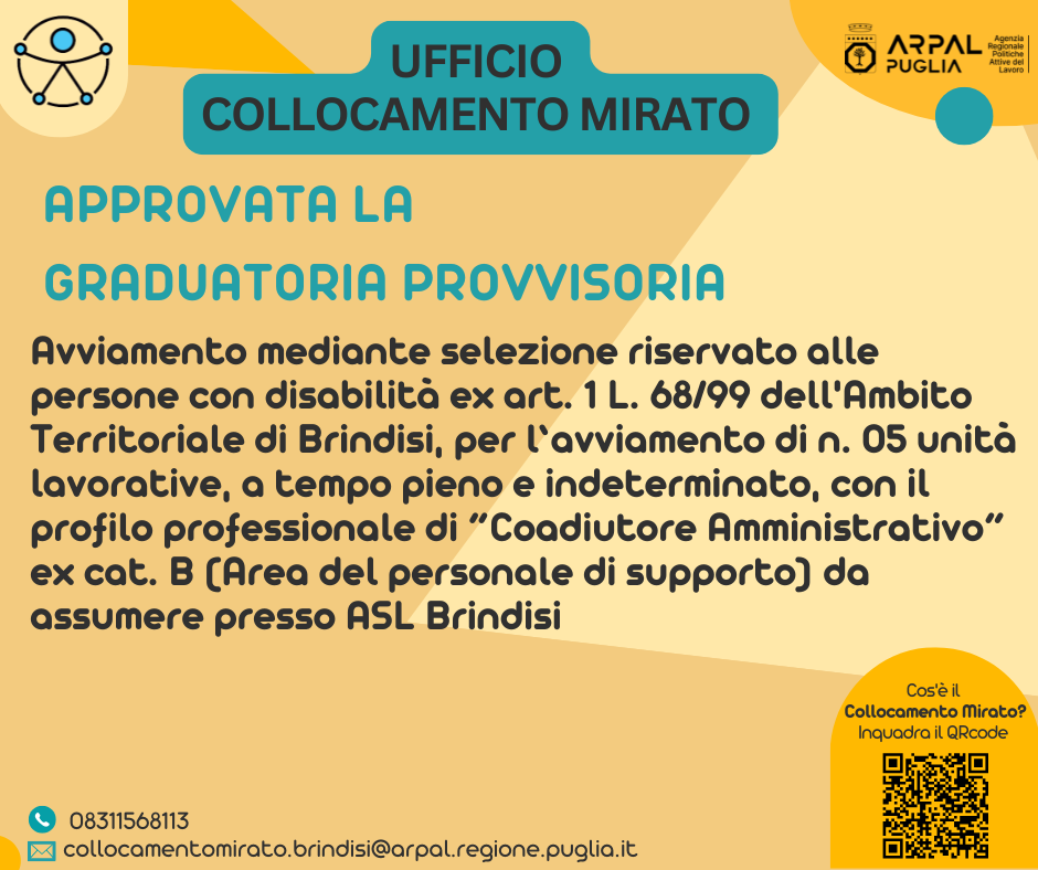 APPROVAZIONE GRADUATORIA PROVVISORIA PER AVVIAMENTO MEDIANTE SELEZIONE RISERVATO ALLE PERSONE CON DISABILITA’ EX ART. 1 LEGGE 68/99 DELL’AMBITO TERRITORIALE DI BRINDISI, DI N. 05 UNITA’ LAVORATIVE, A TEMPO INDETERMINATO E PIENO, CON IL PROFILO PROFESSIONALE DI COADIUTORE AMMINISTRATIVO EX CAT. B (AREA DEL PERSONALE DI SUPPORTO) DA ASSUMERE PRESSO ASL BRINDISI