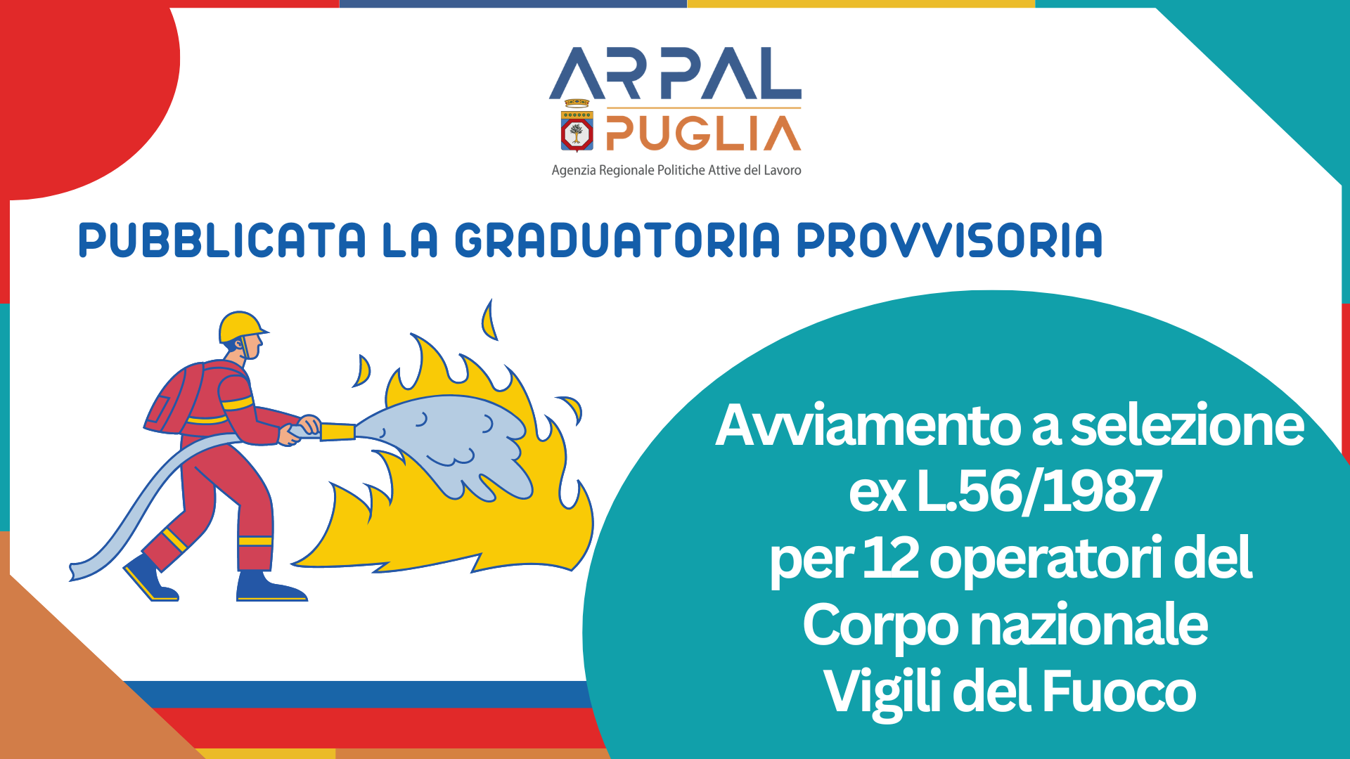 Art. 16 L. 56/1987 Approvazione graduatoria provvisoria per l'avviamento , a tempo indeterminato e pieno, di complessive n. 12 unità lavorative a livello regionale con qualifica di "Operatore" del Corpo Naz.le dei VV.FF. , c/o il Ministero dell’Interno.