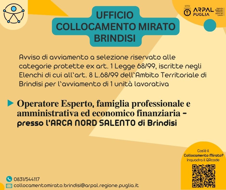 Avviso di avviamento a selezione di n. 1 unità lavorativa ex art. 1 Legge 68/99, a tempo pieno ed indeterminato (ex categoria B - posizione economica B1 CCNL Funzioni Locali del 21.05.2018) da assumere presso l&#39;ARCA NORD SALENTO di Brindisi.