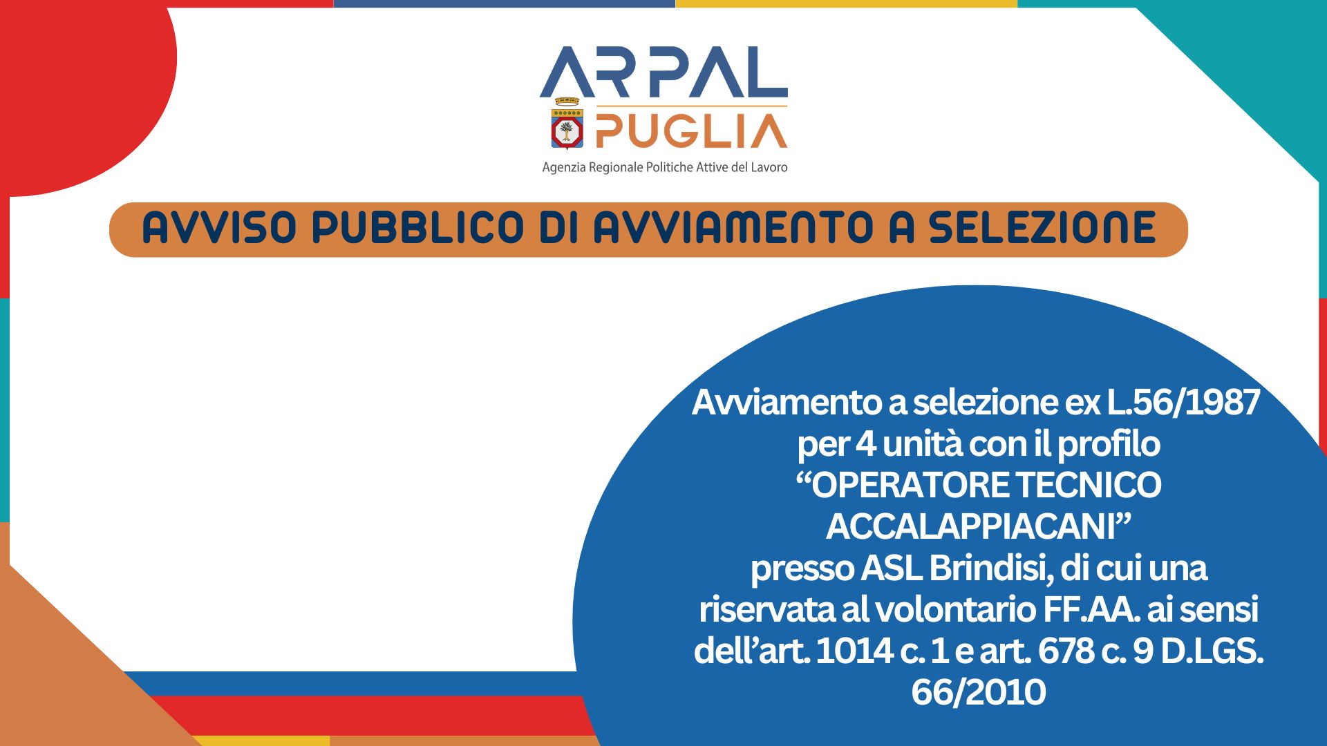 AVVIAMENTO A SELEZIONE FINALIZZATO ALL’ASSUNZIONE, A TEMPO PIENO E INDETERMINATO, DI N. 4 (QUATTRO) UNITÀ LAVORATIVE, CON PROFILO PROFESSIONALE DI “OPERATORE TECNICO ACCALAPPIACANI”, EX CAT. B COMPARTO SANITà