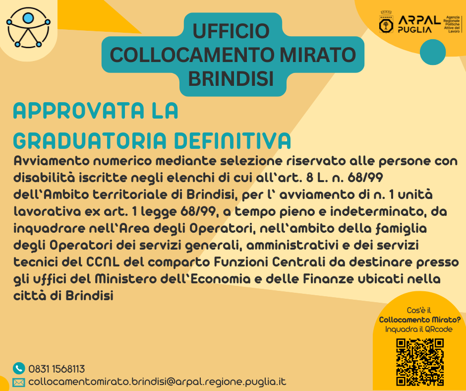 Approvazione graduatoria definitiva per avviamento numerico mediante selezione, ex art. 7 comma 1bis, riservato alle persone con disabilità ex art. 1 Legge 68/99 dell’Ambito territoriale di Brindisi, di n. 01 unità lavorativa, a tempo pieno e indeterminato, da inquadrare nell’Area degli Operatori, da assumere presso gli uffici del Ministero dell’Economia e delle Finanze ubicati nella città di Brindisi.