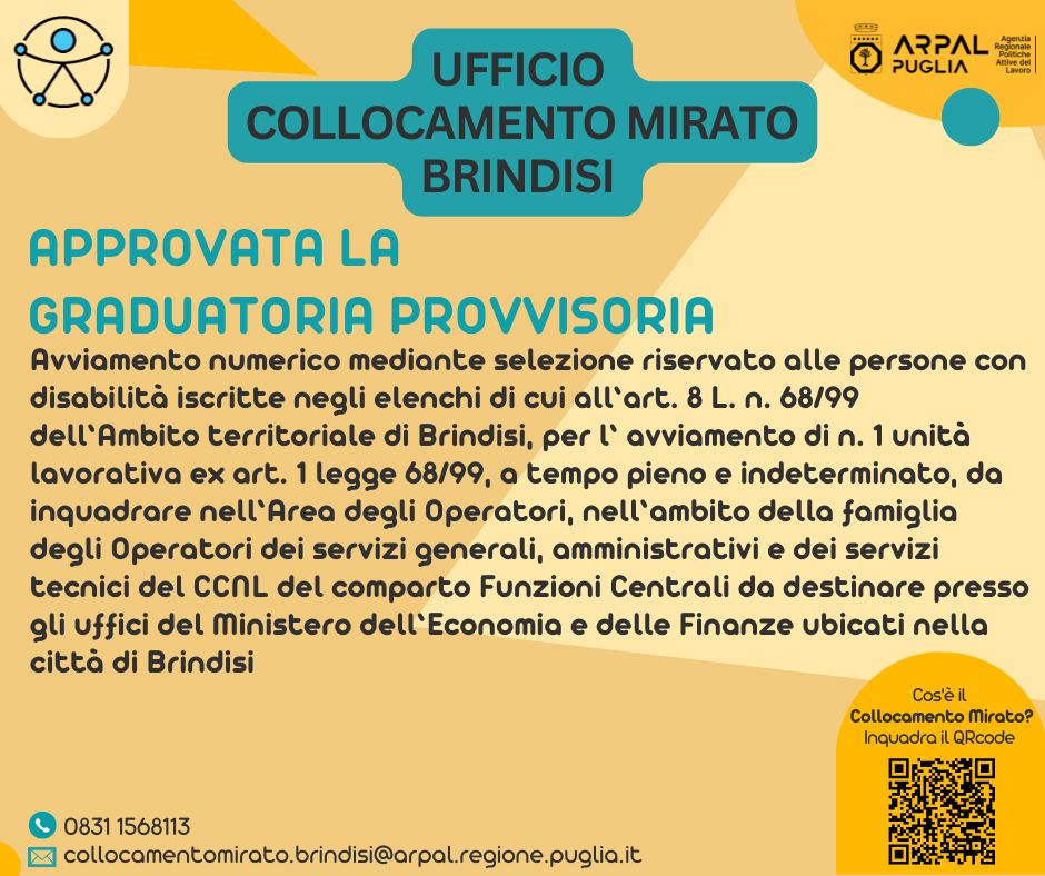 Legge 68/99 – Approvazione graduatoria provvisoria per avviamento numerico mediante selezione riservato alle persone con disabilità da inquadrare nell&#39;Area degli Operatori presso MEF Brindisi
