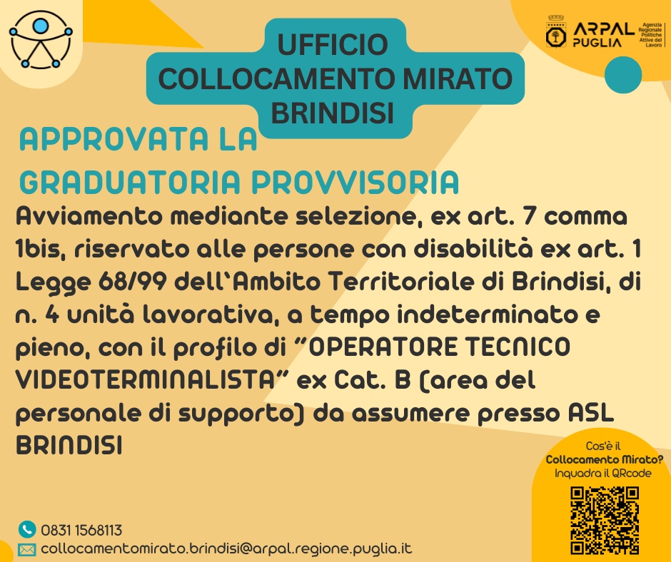 L. 68/99. APPROVAZIONE GRADUATORIA PROVVISORIA PER AVVIAMENTO MEDIANTE SELEZIONE, EX ART. 7 COMMA 1BIS, RISERVATO ALLE PERSONE CON DISABILITA’ EX ART. 1 LEGGE 68/99 DELL’AMBITO TERRITORIALE DI BRINDISI, DI N. 04 UNITA’ LAVORATIVE, A TEMPO PIENO E INDETERMINATO, CON IL PROFILO DI “OPERATORE TECNICO VIDEOTERMINALISTA” EX CAT. B (AREA DEL PERSONALE DI SUPPORTO) DA ASSUMERE PRESSO ASL BRINDISI