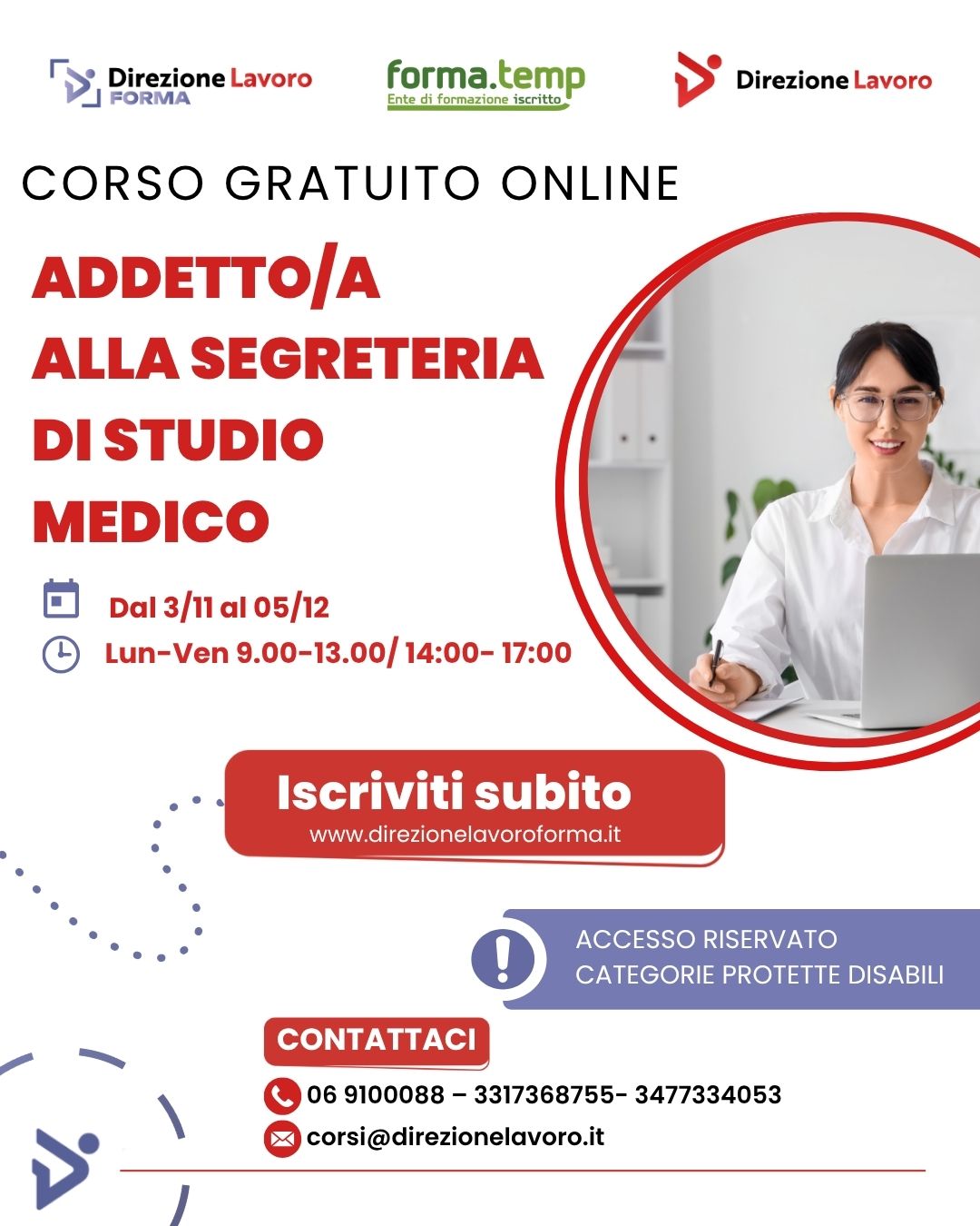Corsi di Formazione Gratuita Online riservati a persone con disabilità -  “Addetto/a alla segreteria di studio medico”