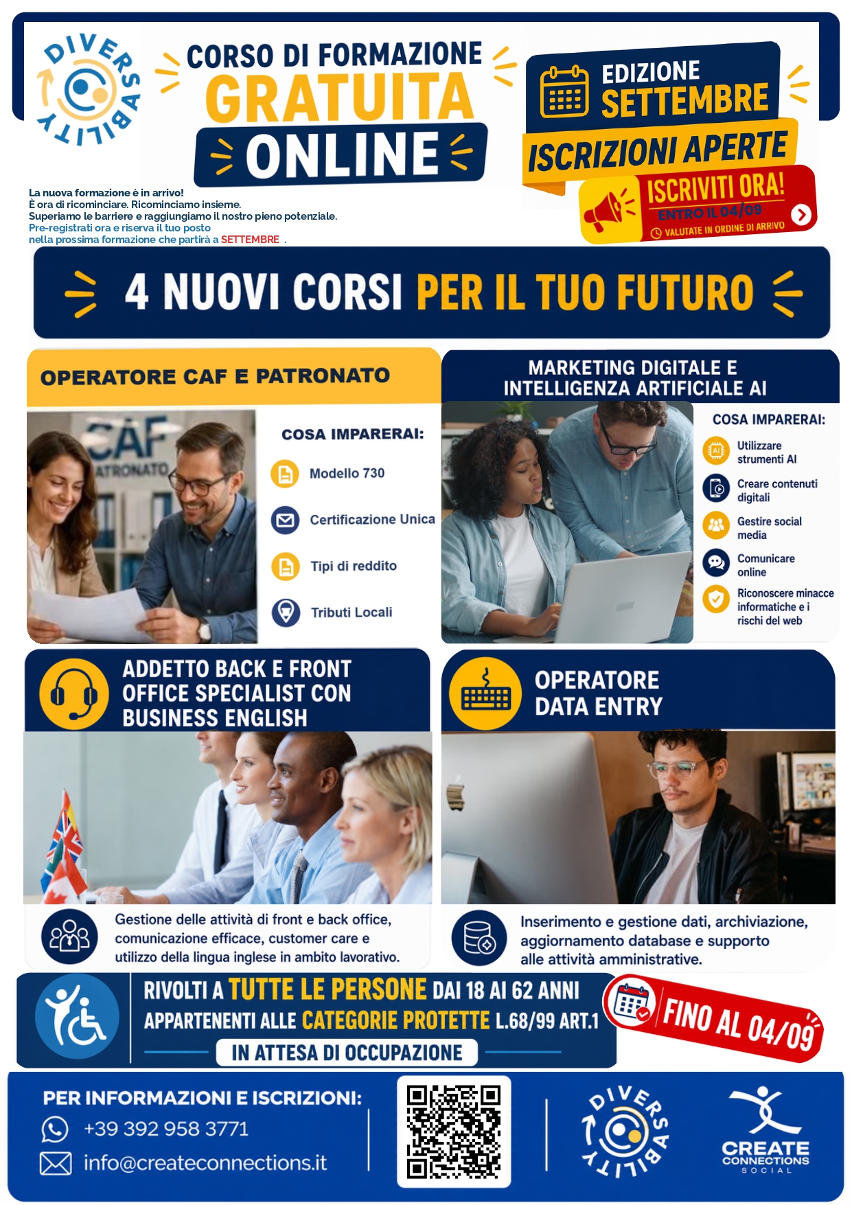 Corsi di Formazione Gratuita Online riservati a persone con disabilità - CAF-AI-INGLESE- DATA ENTRY
