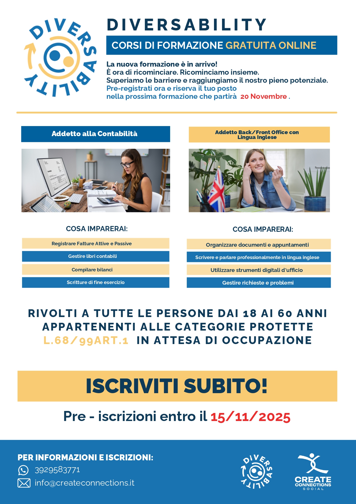 Corsi di Formazione Gratuita Online riservati a persone con disabilità - “Addetto/a alla contabilità” e "Addetto/a back/front office" on line