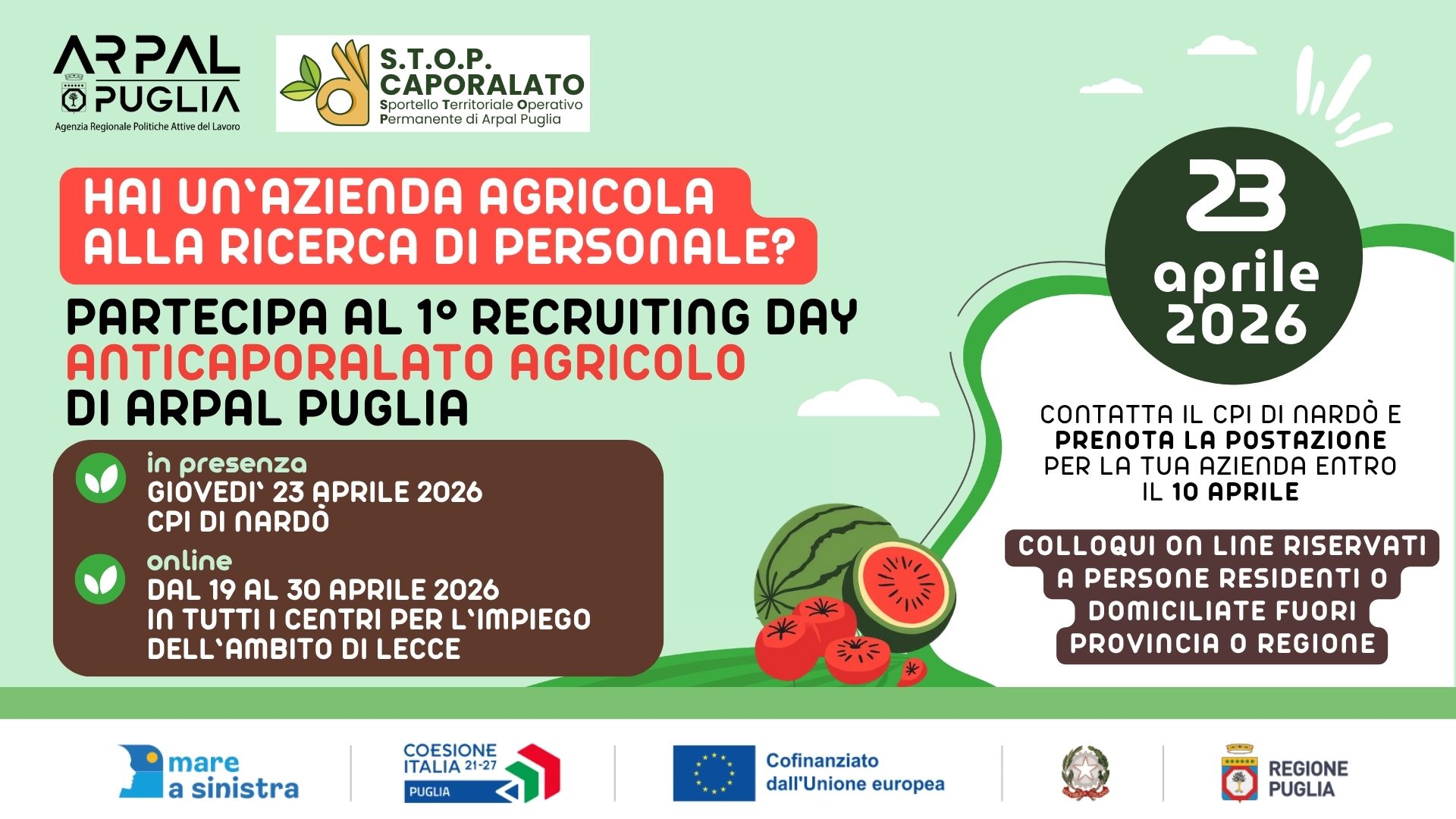 Primo Recruiting Day S.T.O.P. CAPORALATO: le imprese agricole possono iscriversi entro il 10 aprile