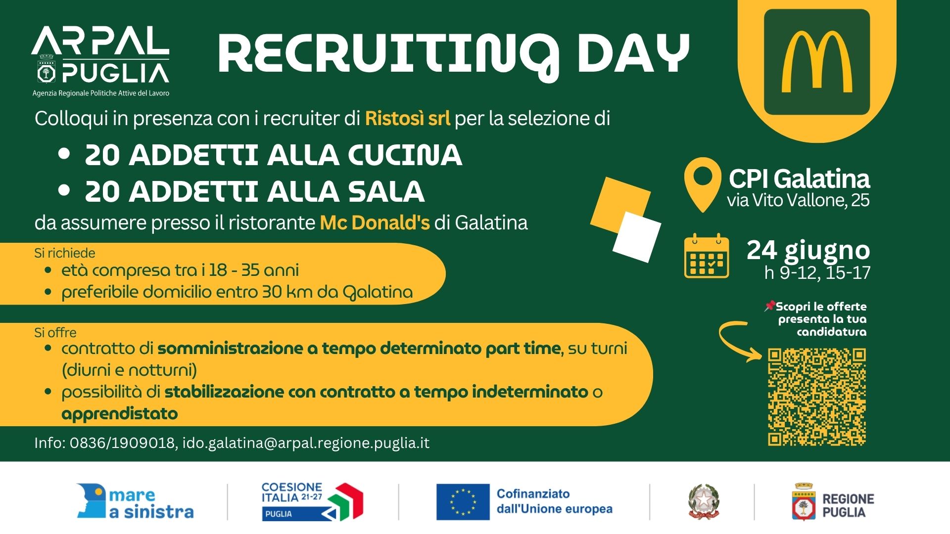 Recruiting day settore ristorazione a Galatina: McDonald’s cerca 40 nuove risorse!