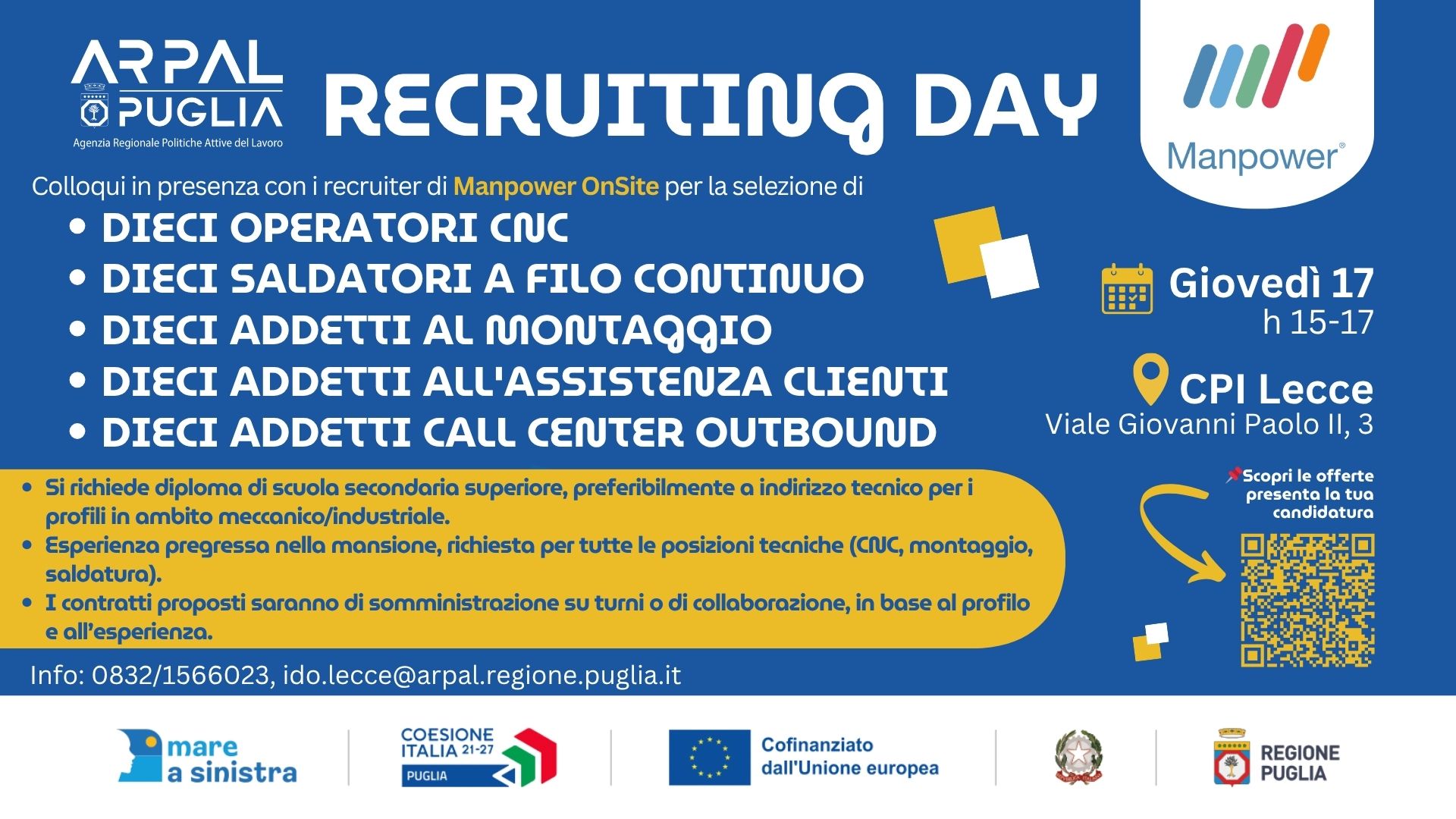 Manpower OnSite cerca 50 figure professionali a Lecce: Recruiting Day il 17 Luglio