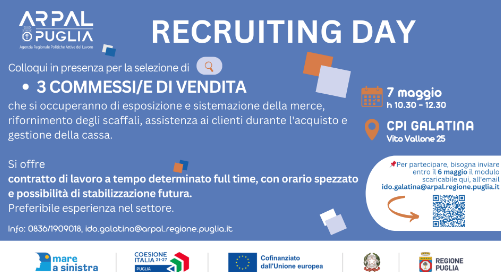 Arpal Puglia e Piazza Italia ti invitano al Recruiting Day a Galatina!