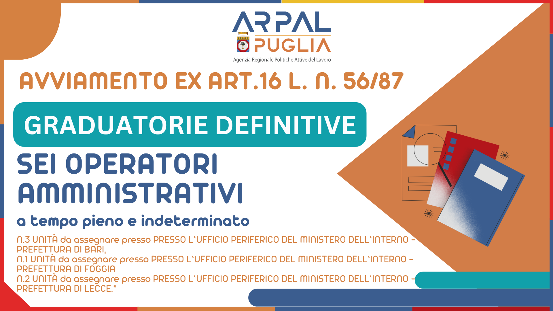 APPROVAZIONE GRADUATORIE DEFINITIVE PER L’AVVIAMENTO A SELEZIONE EX ART.16 L. N. 56/87 FINALIZZATO ALL’ASSUNZIONE DI COMPLESSIVE 6 UNITÀ LAVORATIVE A LIVELLO REGIONALEOLO STAGIONALE, A TEMPO PIENO E DETERMINATO