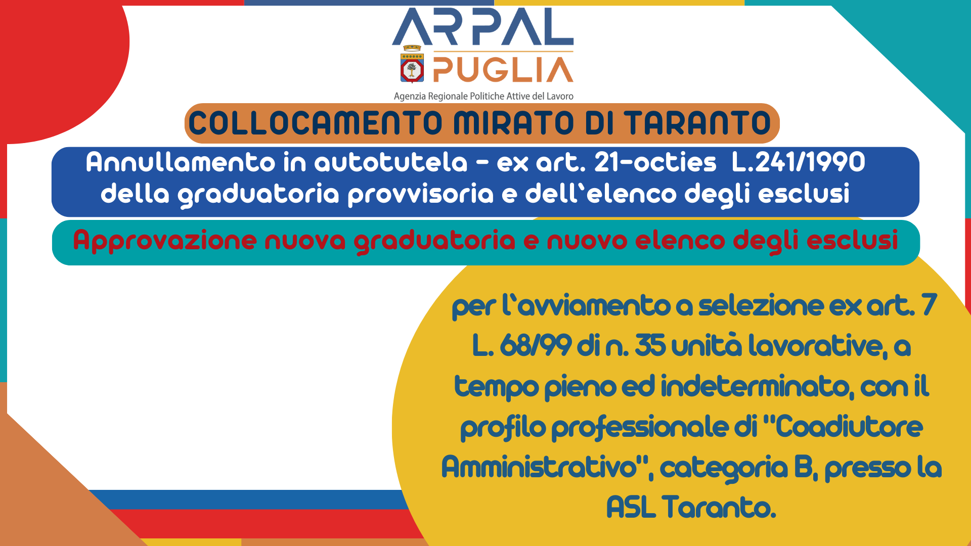 𝗔𝗻𝗻𝘂𝗹𝗹𝗮𝗺𝗲𝗻𝘁𝗼 𝗶𝗻 𝗮𝘂𝘁𝗼𝘁𝘂𝘁𝗲𝗹𝗮 - ex art. 21-octies della Legge 241/1990 e 𝗮𝗽𝗽𝗿𝗼𝘃𝗮𝘇𝗶𝗼𝗻𝗲 𝗻𝘂𝗼𝘃𝗮 𝗴𝗿𝗮𝗱𝘂𝗮𝘁𝗼𝗿𝗶𝗮 𝗲 𝗻𝘂𝗼𝘃𝗼 𝗲𝗹𝗲𝗻𝗰𝗼 𝗱𝗲𝗴𝗹𝗶 𝗲𝘀𝗰𝗹𝘂𝘀𝗶 ex 𝗔𝗿𝘁. 𝟳 𝗟. 𝟲𝟴/𝟵𝟵: Avviamento a selezione per l’assunzione, a tempo indeterminato e pieno, di 𝟯𝟱 𝘂𝗻𝗶𝘁𝗮̀ 𝗹𝗮𝘃𝗼𝗿𝗮𝘁𝗶𝘃𝗲, con profilo professionale di “𝗖𝗼𝗮𝗱𝗶𝘂𝘁𝗼𝗿𝗲 𝗔𝗺𝗺𝗶𝗻𝗶𝘀𝘁𝗿𝗮𝘁𝗶𝘃𝗼”, categoria B, 𝗽𝗿𝗲𝘀𝘀𝗼 𝗹𝗮 𝗔𝗦𝗟 𝗱𝗶 𝗧𝗮𝗿𝗮𝗻𝘁𝗼.