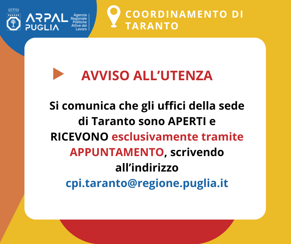 Apertura sedi temporanee Centro dell&#39;Impiego di Taranto-giugno 2024