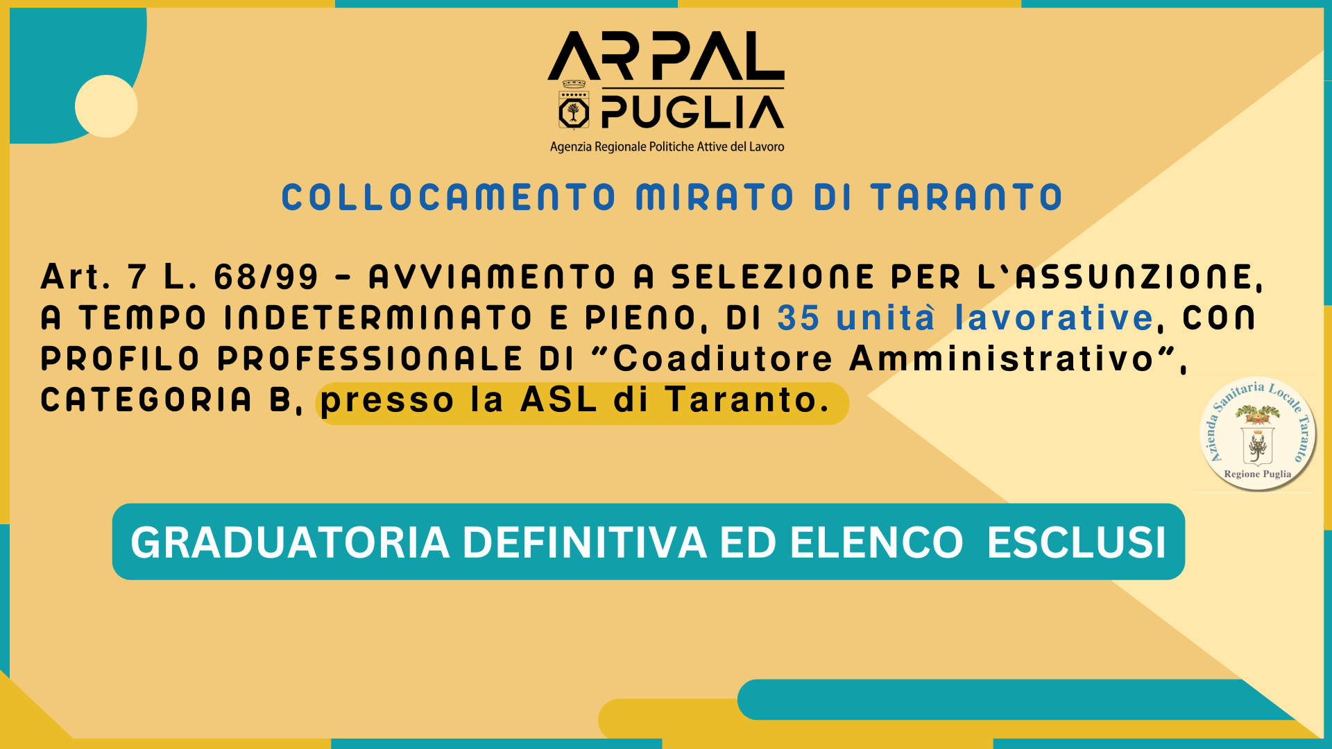 Graduatoria DEFINITIVA per 𝟯𝟱 𝘂𝗻𝗶𝘁𝗮̀ 𝗹𝗮𝘃𝗼𝗿𝗮𝘁𝗶𝘃𝗲 presso l'ASL di TARANTO