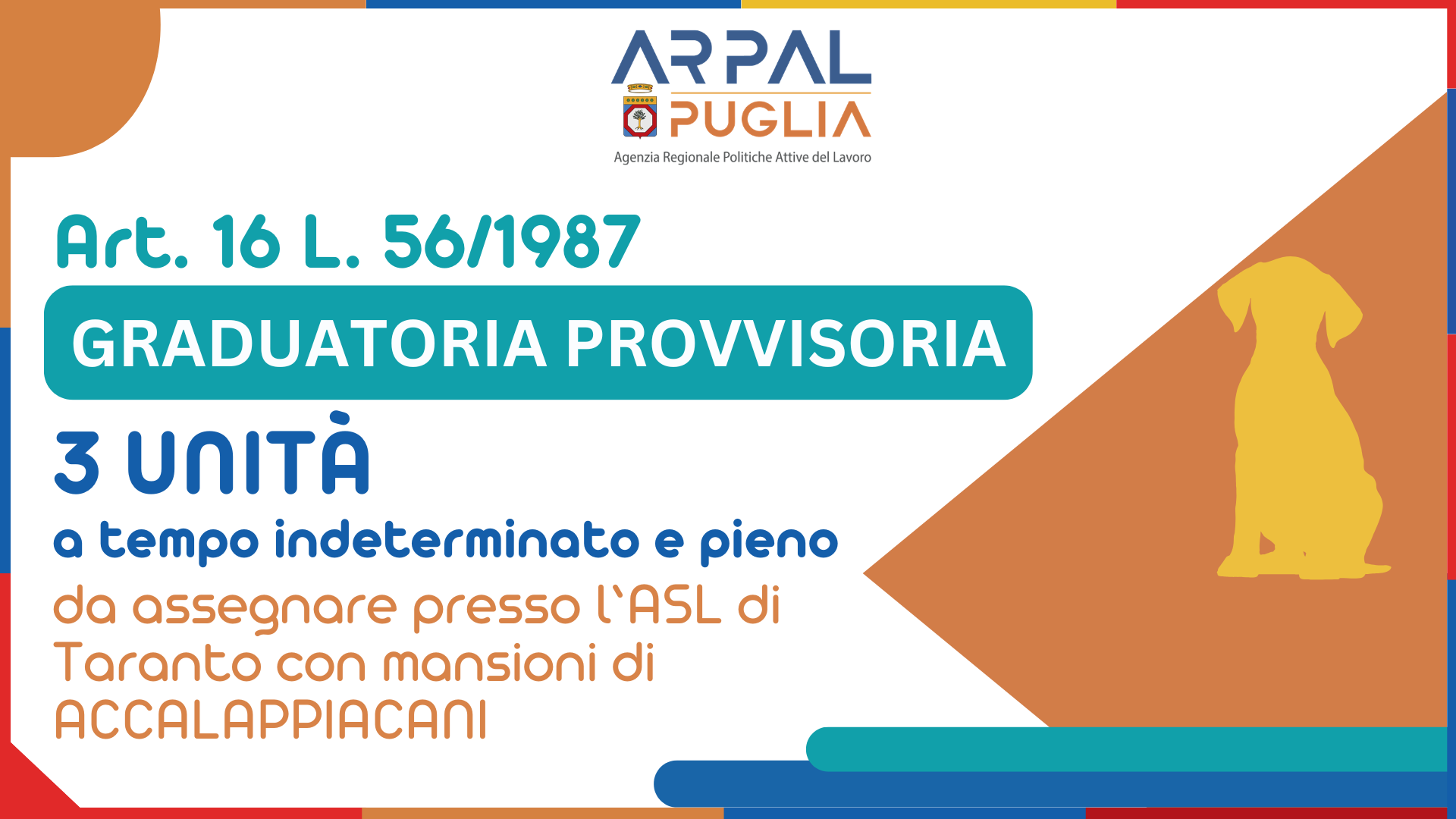 Art. 16 L. 56/1987 GRADUATORIA PROVVISORIA DI N. 3 (TRE) UNITA' A TEMPO INDETERMINATO E ORARIO PIENO