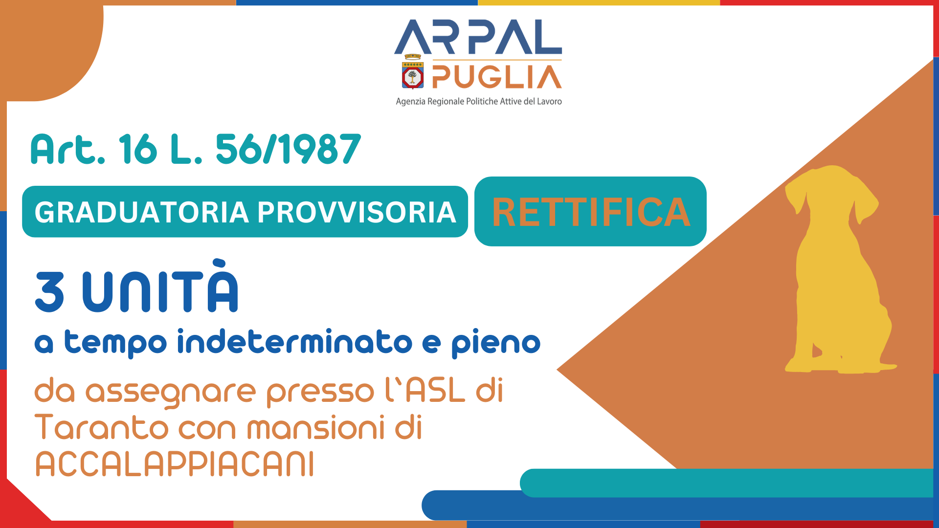 Art. 16 L. 56/1987 GRADUATORIA PROVVISORIA DI N. 3 (tre) UNITA' A TEMPO PIENO E INDETERMINATO (RETTIFICA)