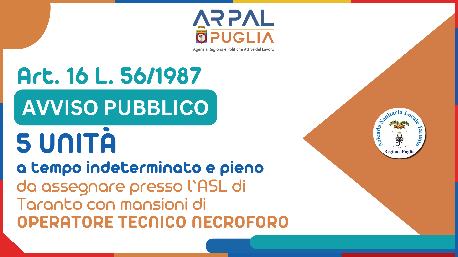 Avviso pubblico di avviamento a selezione di 5 Unità operative con profilo Operatore tecnico necroforo presso l'ASL TA